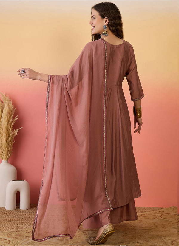 Vegaa Fashion Brown Roman Silk Embroidered Palazzo Suit