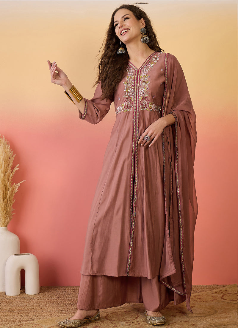 Vegaa Fashion Brown Roman Silk Embroidered Palazzo Suit - Distacart