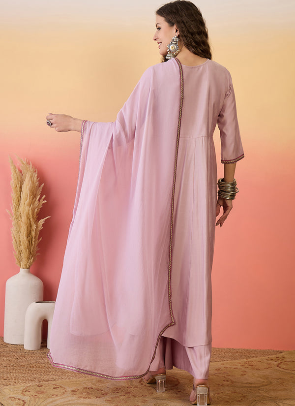 Vegaa Fashion Light Pink Roman Silk Embroidered Palazzo Suit