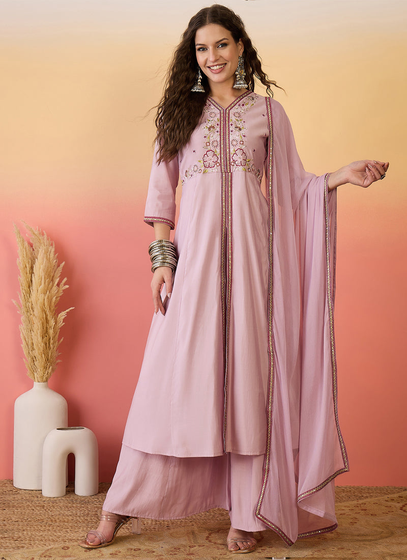 Vegaa Fashion Light Pink Roman Silk Embroidered Palazzo Suit - Distacart