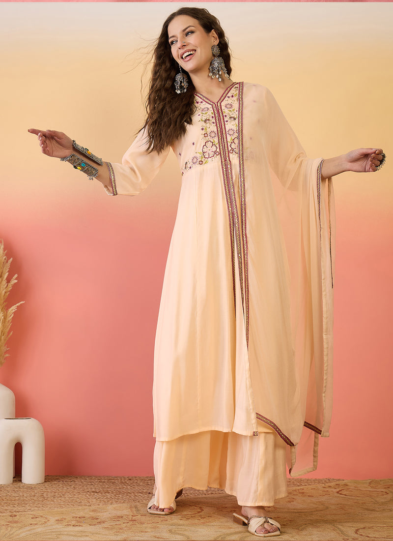 Vegaa Fashion Cream Roman Silk Embroidered Palazzo Suit - Distacart