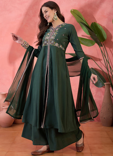 Vegaa Fashion Green Roman Silk Embroidered Palazzo Suit