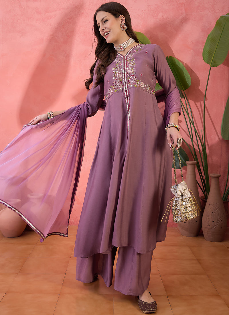 Vegaa Fashion Onion Pink Roman Silk Embroidered Palazzo Suit - Distacart