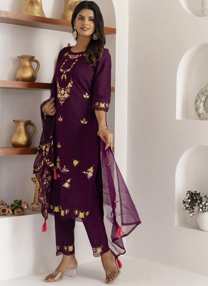 Vegaa Fashion Wine Viscose Silk Embroidered Salwar Suit - Distacart