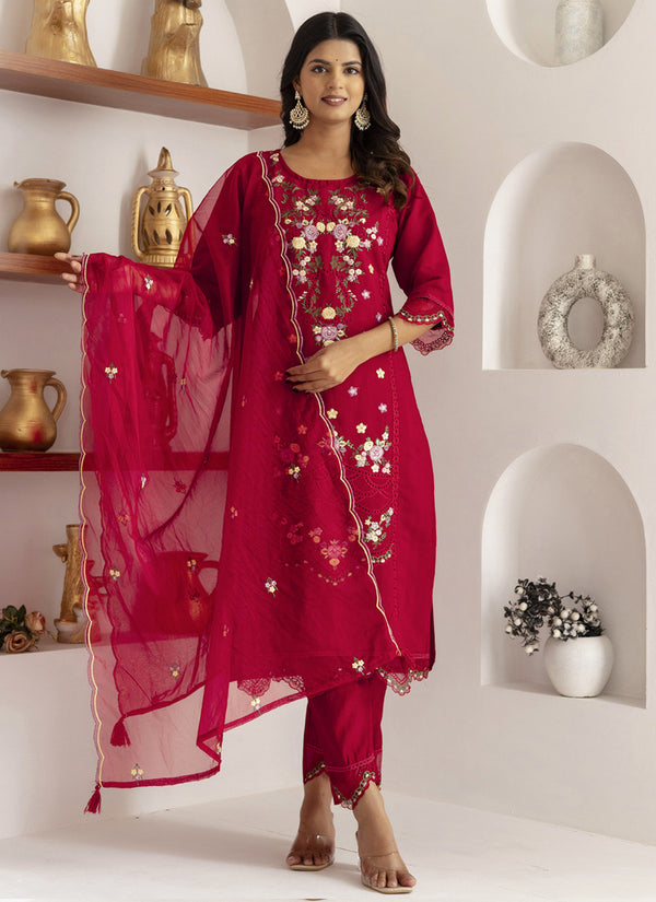 Vegaa Fashion Maroon Viscose Silk Embroidered Salwar Suit