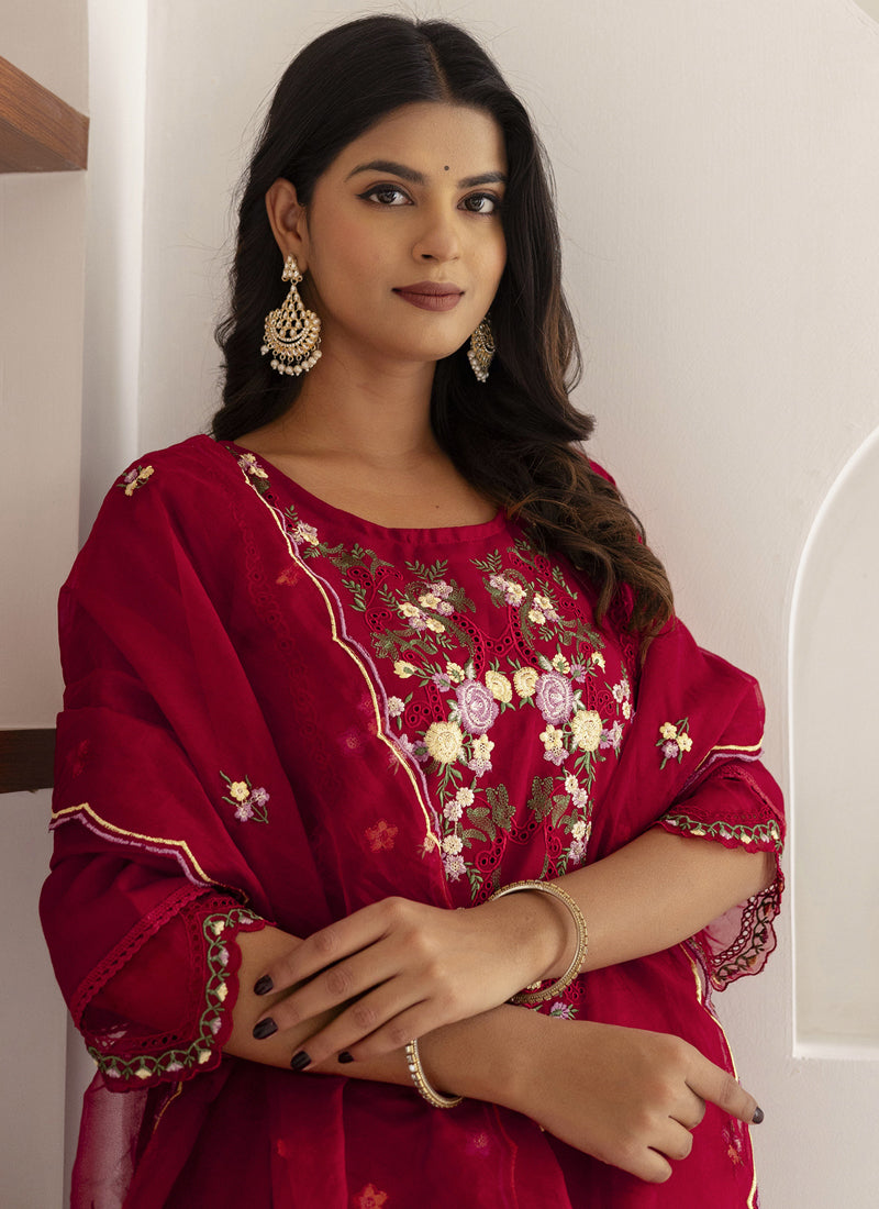Vegaa Fashion Maroon Viscose Silk Embroidered Salwar Suit