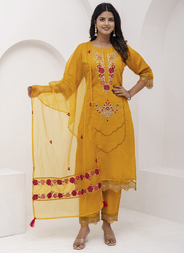 Vegaa Fashion Yellow Viscose Silk Embroidered Salwar Suit