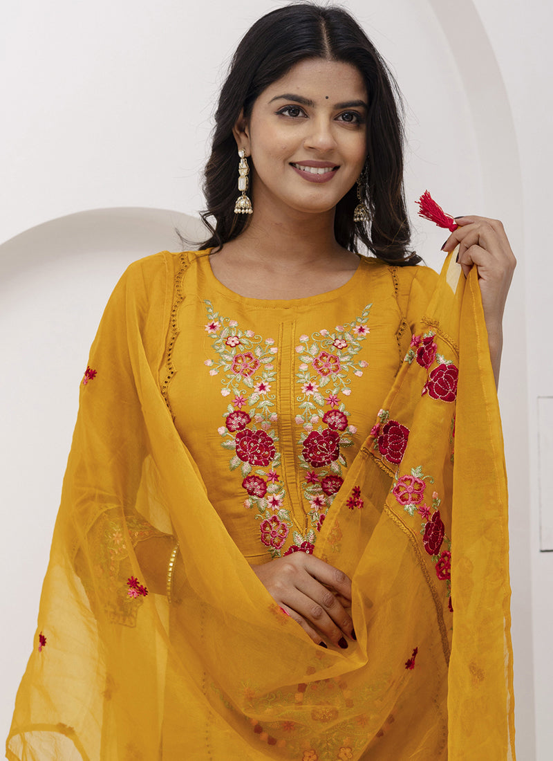 Vegaa Fashion Yellow Viscose Silk Embroidered Salwar Suit