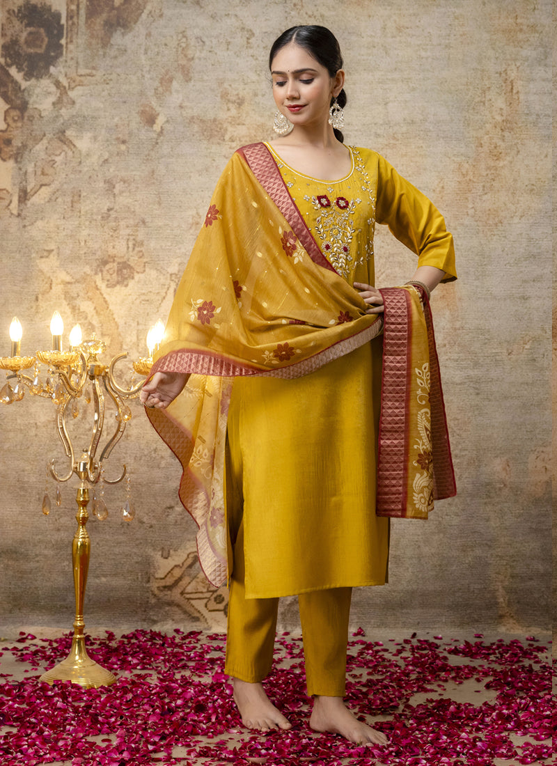 Vegaa Fashion Yellow Shimmer Silk Embroidered Salwar Suit - Distacart