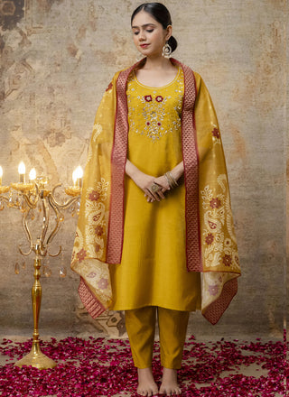 Vegaa Fashion Yellow Shimmer Silk Embroidered Salwar Suit