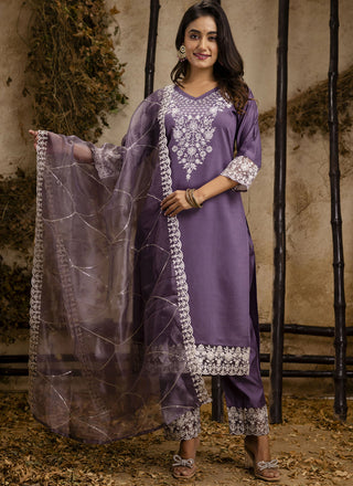 Vegaa Fashion Lavender Shimmer Silk Embroidered Salwar Suit