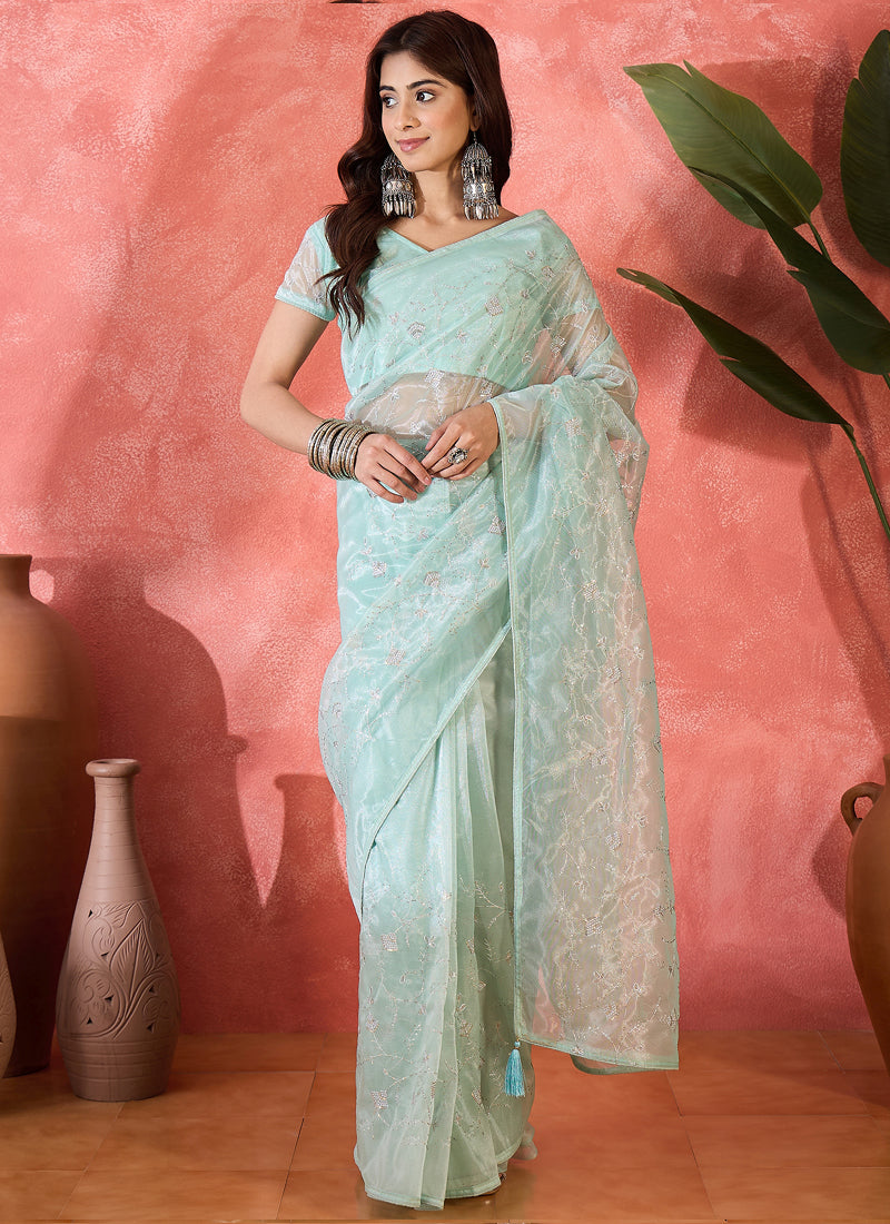 Vegaa Fashion Sea Green Organza Sequence Embroidered Party Wear Saree