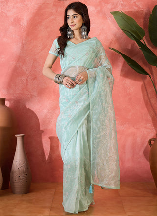 Vegaa Fashion Sea Green Organza Sequence Embroidered Party Wear Saree
