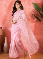 Thumbnail for Vegaa Fashion Light Pink Organza Sequence Embroidered Party Wear Saree