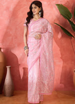 Thumbnail for Vegaa Fashion Light Pink Organza Sequence Embroidered Party Wear Saree