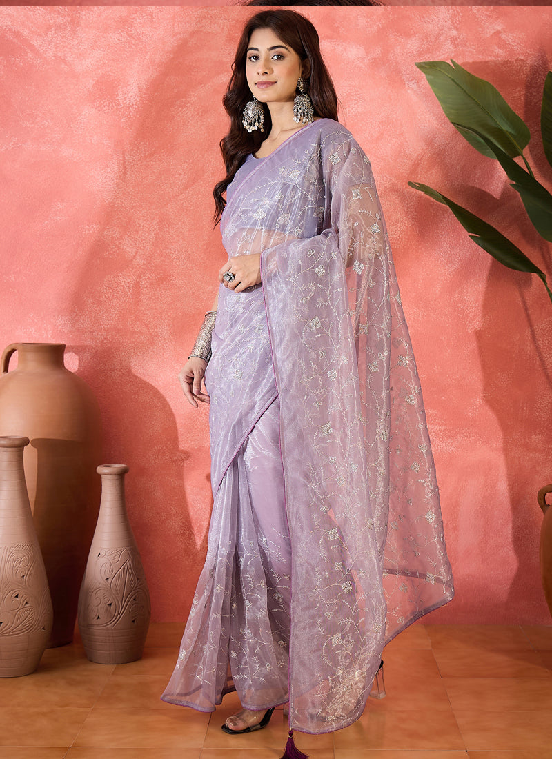 Vegaa Fashion Lavender Organza Sequence Embroidered Party Wear Saree