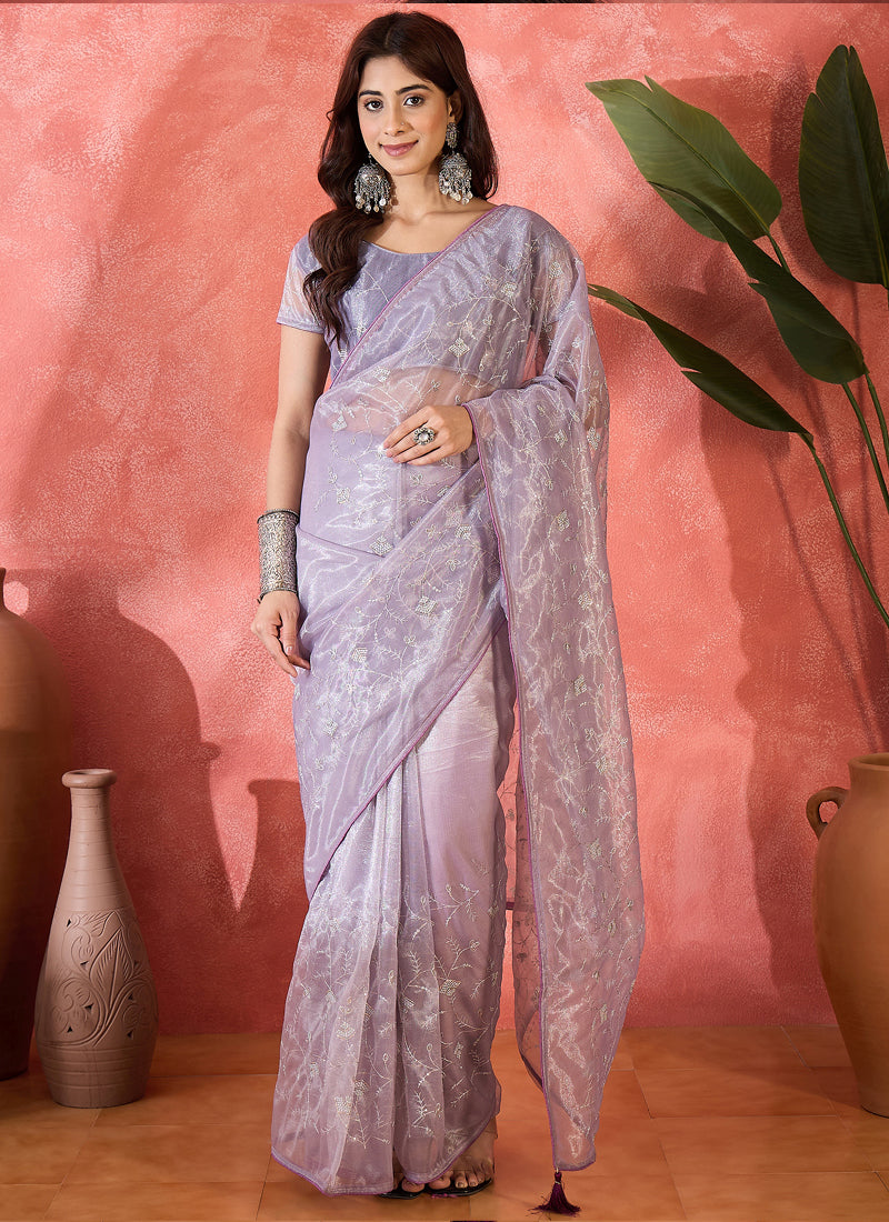Vegaa Fashion Lavender Organza Sequence Embroidered Party Wear Saree