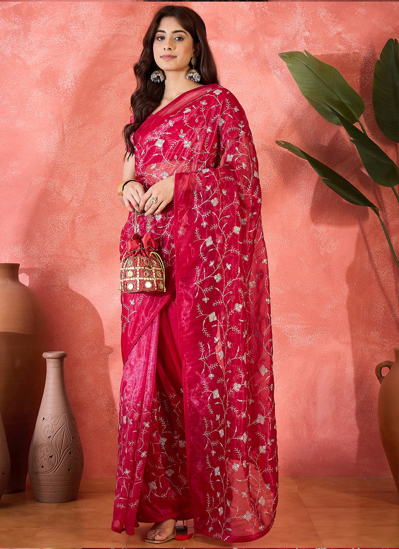 Vegaa Fashion Red Organza Sequence Embroidered Party Wear Saree