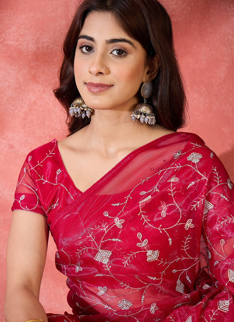 Vegaa Fashion Red Organza Sequence Embroidered Party Wear Saree