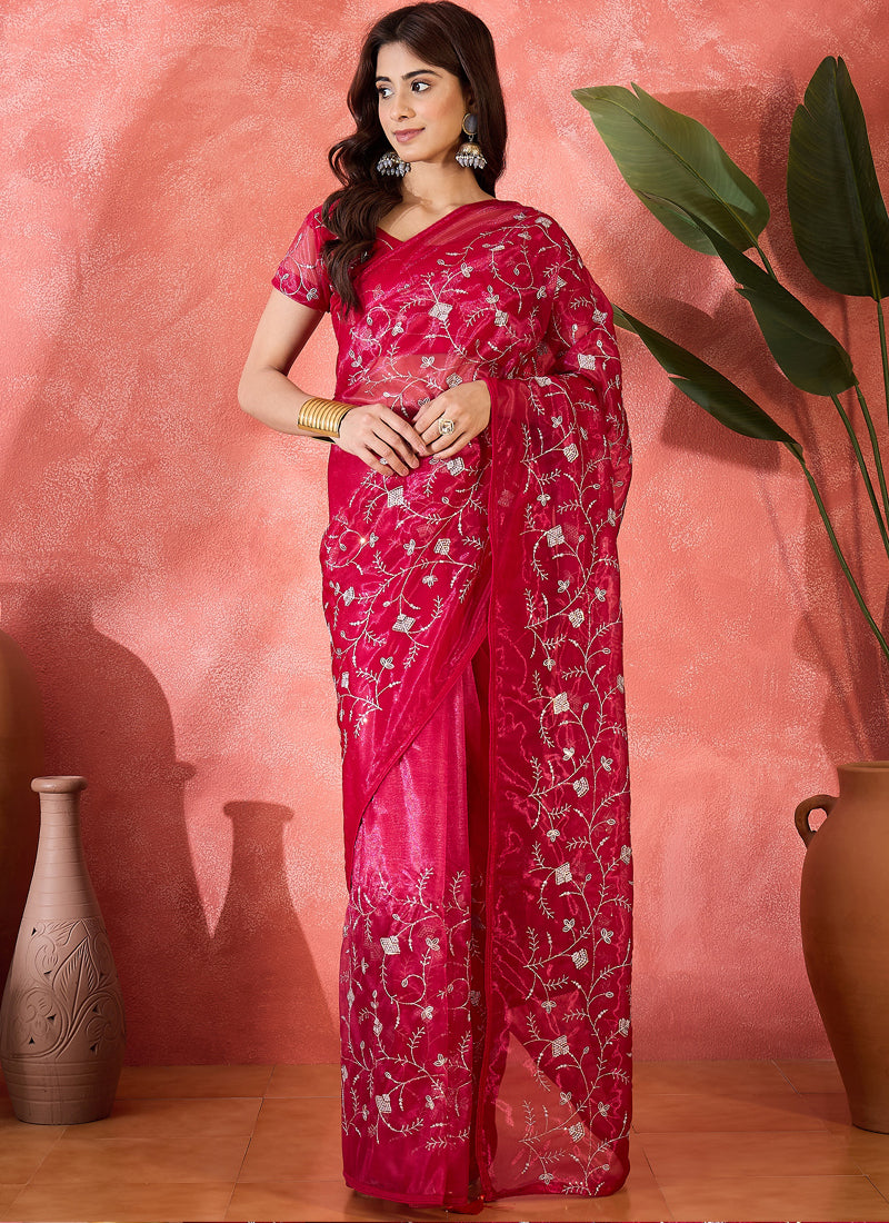 Vegaa Fashion Red Organza Sequence Embroidered Party Wear Saree