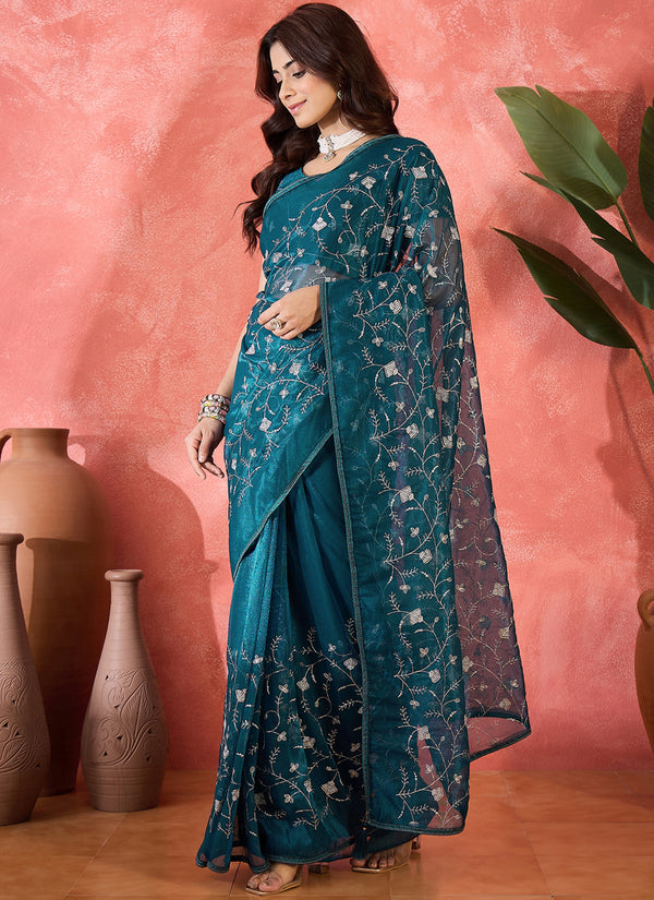 Vegaa Fashion Aqua Blue Organza Sequence Embroidered Party Wear Saree