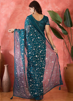 Thumbnail for Vegaa Fashion Aqua Blue Organza Sequence Embroidered Party Wear Saree
