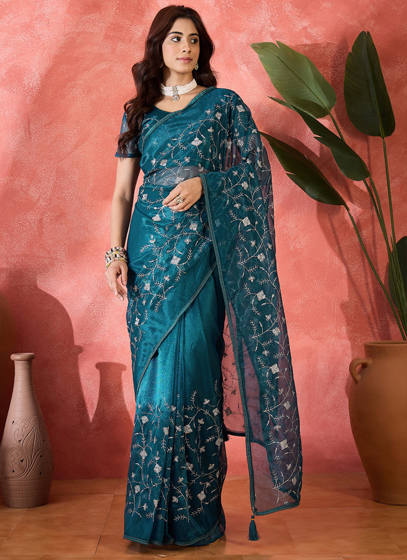 Vegaa Fashion Aqua Blue Organza Sequence Embroidered Party Wear Saree