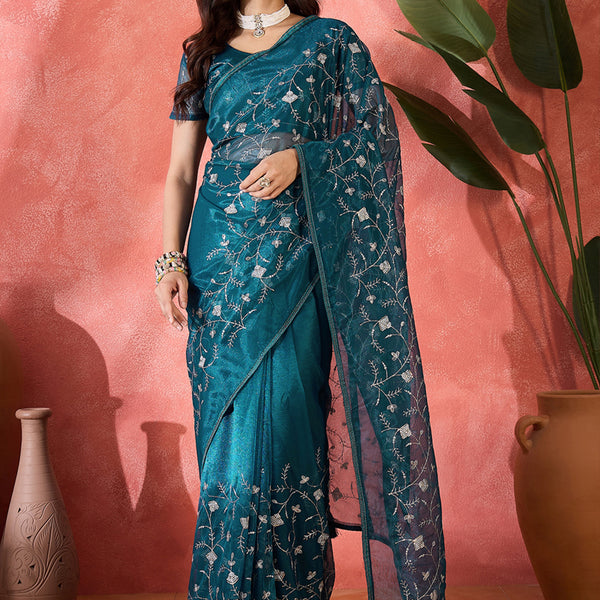 Vegaa Fashion Aqua Blue Organza Sequence Embroidered Party Wear Saree - Distacart