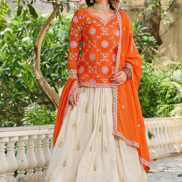 Vegaa Fashion Orange Chinon Silk Embroidered Lehenga Style Suit - Distacart