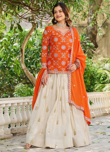 Vegaa Fashion Orange Chinon Silk Embroidered Lehenga Style Suit - Distacart