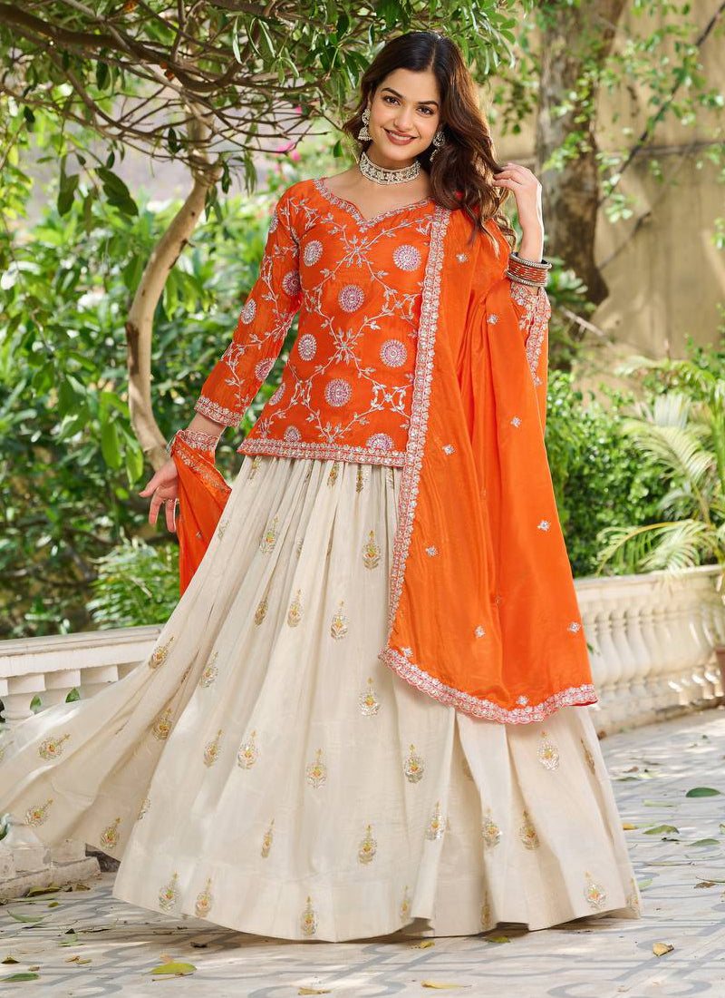 Vegaa Fashion Orange Chinon Silk Embroidered Lehenga Style Suit - Distacart
