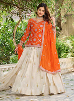Thumbnail for Vegaa Fashion Orange Chinon Silk Embroidered Lehenga Style Suit