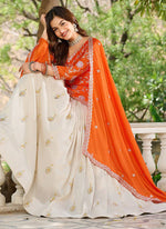 Thumbnail for Vegaa Fashion Orange Chinon Silk Embroidered Lehenga Style Suit