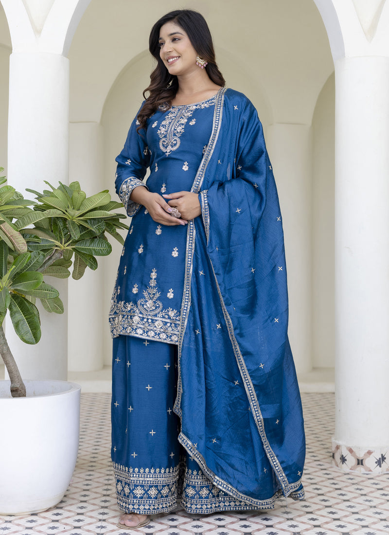 Vegaa Fashion Aqua Blue Chinon Silk Embroidered Palazzo Suit