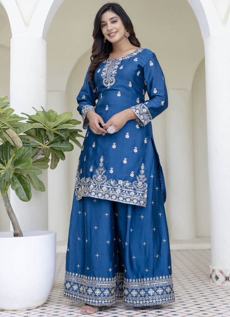 Vegaa Fashion Aqua Blue Chinon Silk Embroidered Palazzo Suit