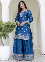 Thumbnail for Vegaa Fashion Aqua Blue Chinon Silk Embroidered Palazzo Suit