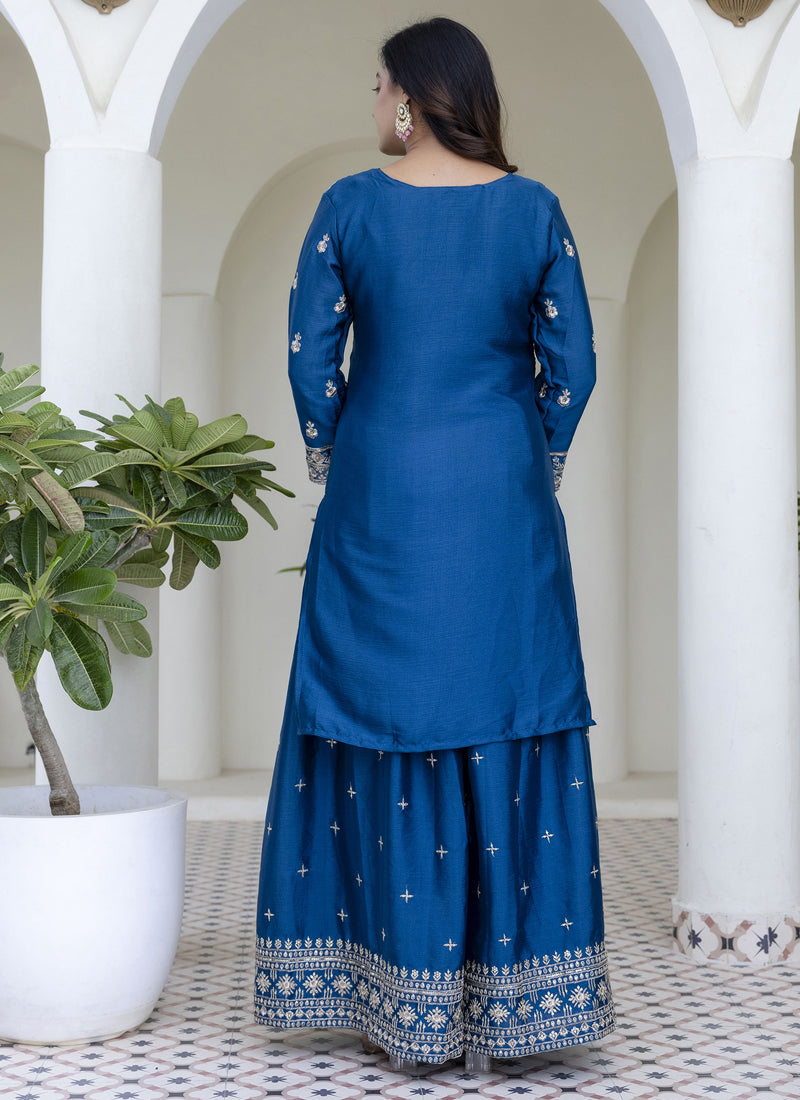 Vegaa Fashion Aqua Blue Chinon Silk Embroidered Palazzo Suit