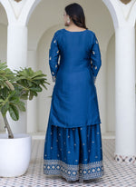 Thumbnail for Vegaa Fashion Aqua Blue Chinon Silk Embroidered Palazzo Suit