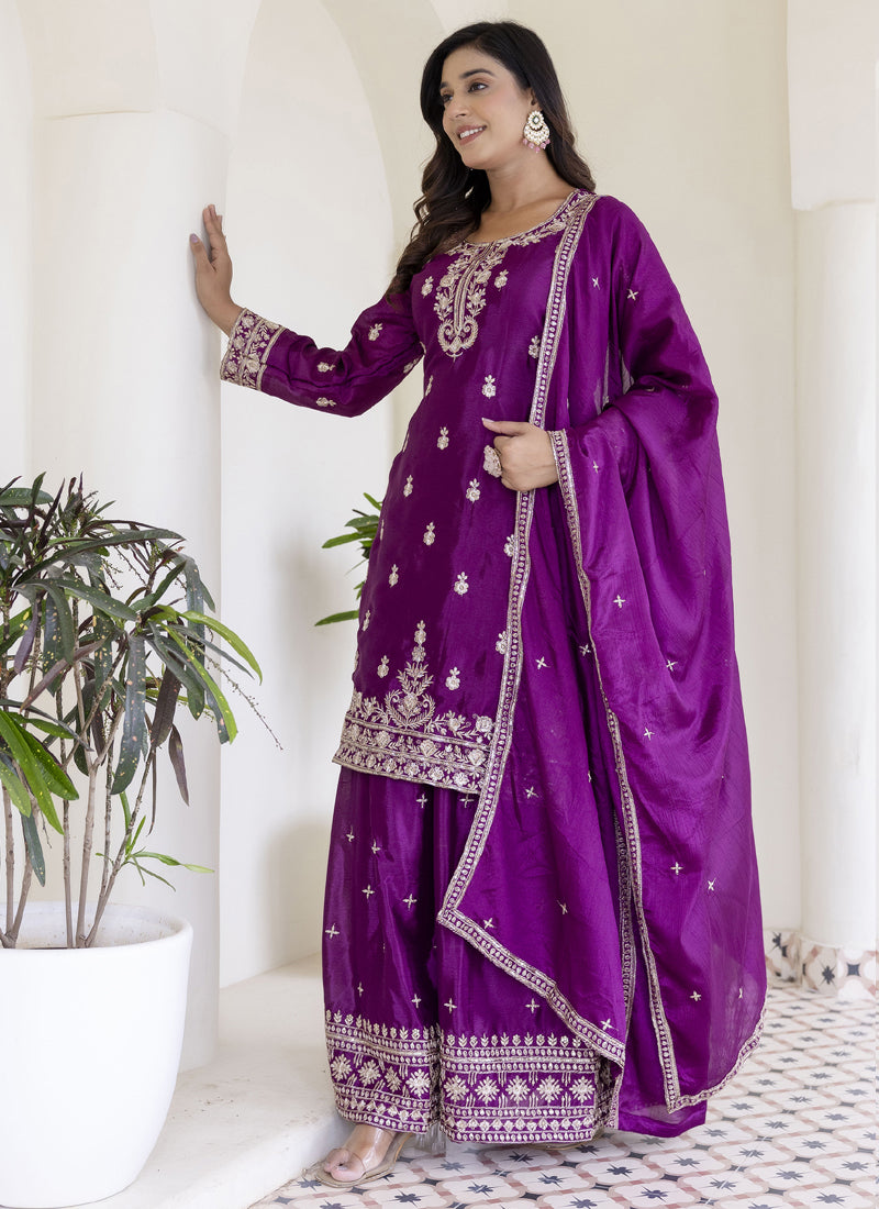 Vegaa Fashion Purple Chinon Silk Embroidered Palazzo Suit
