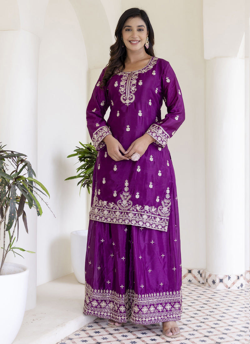 Vegaa Fashion Purple Chinon Silk Embroidered Palazzo Suit