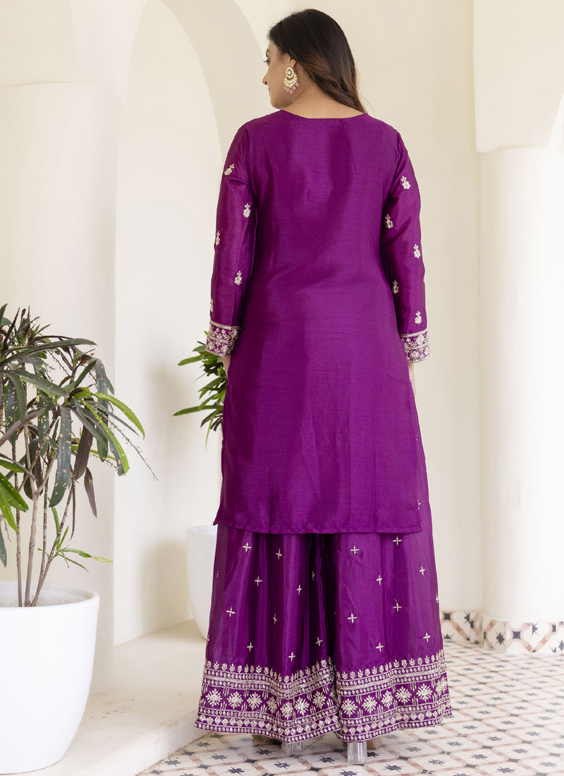 Vegaa Fashion Purple Chinon Silk Embroidered Palazzo Suit