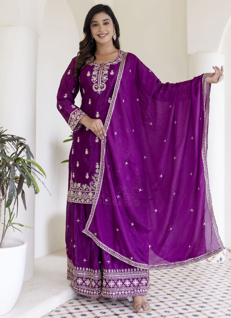 Vegaa Fashion Purple Chinon Silk Embroidered Palazzo Suit