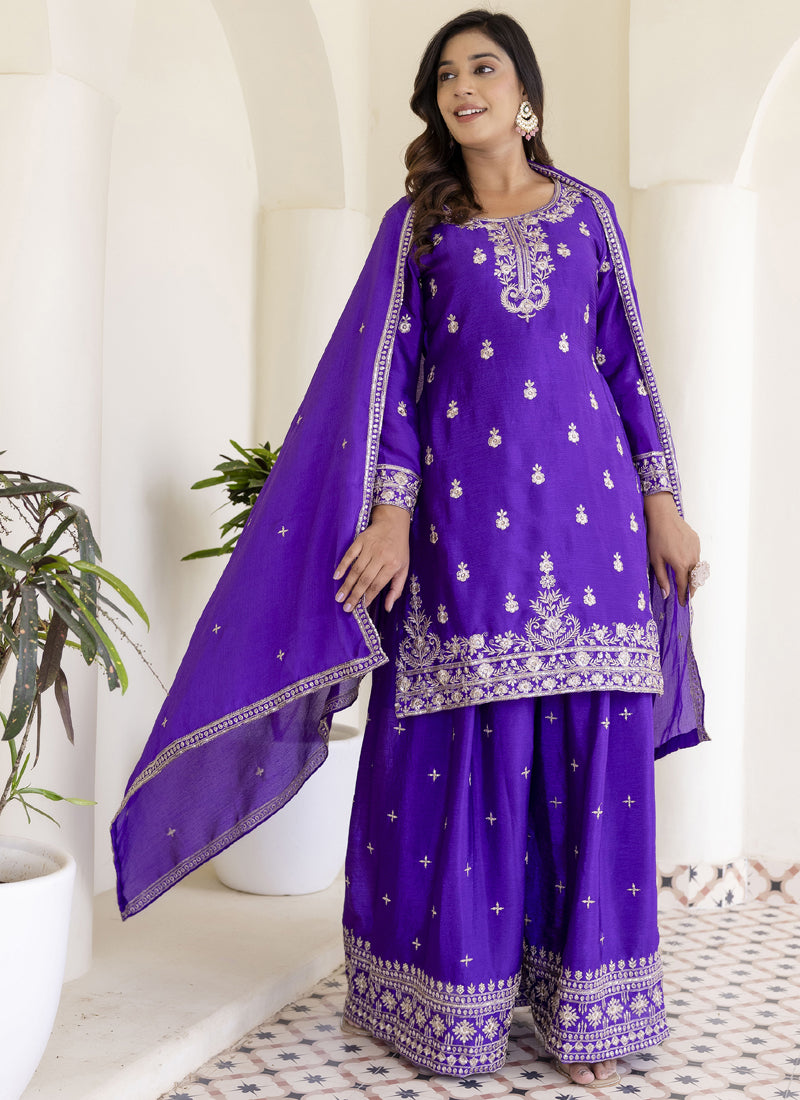 Vegaa Fashion Violet Chinon Silk Embroidered Palazzo Suit