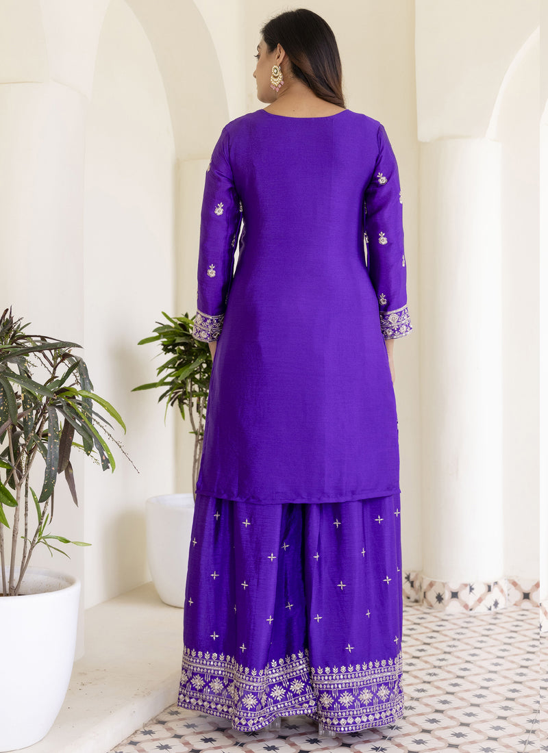 Vegaa Fashion Violet Chinon Silk Embroidered Palazzo Suit