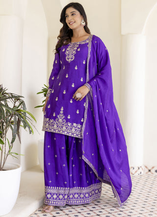 Vegaa Fashion Violet Chinon Silk Embroidered Palazzo Suit