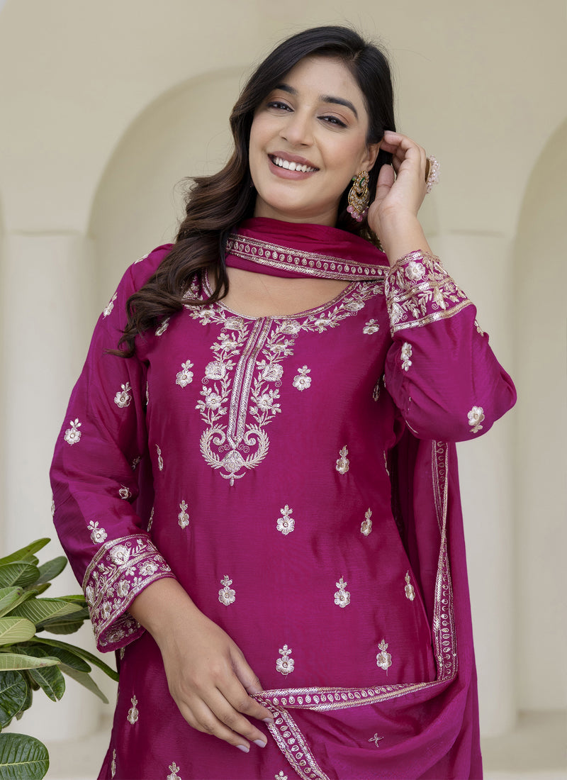 Vegaa Fashion Wine Chinon Silk Embroidered Palazzo Suit