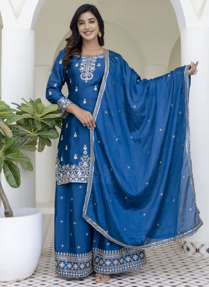 Vegaa Fashion Aqua Blue Chinon Silk Embroidered Palazzo Suit