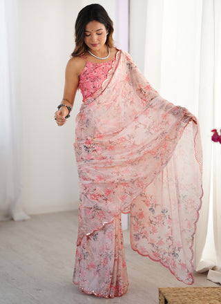 Vegaa Fashion Baby Pink Chinon Printed Party Wear Saree