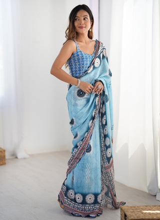 Vegaa Fashion Sky Blue Chinon Printed Party Wear Saree