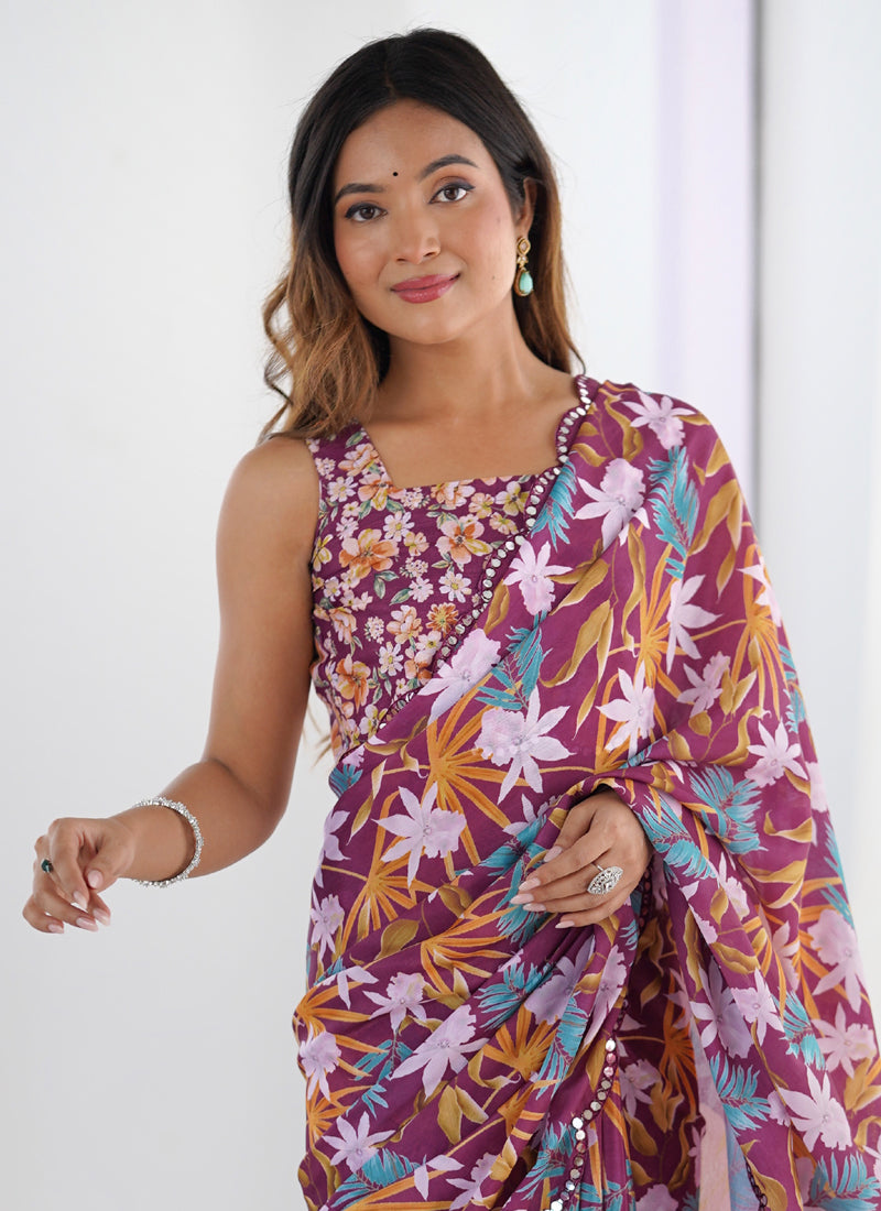 Vegaa Fashion Wine Chinon Printed Party Wear Saree